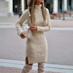 Damen Elegante Rollkragen-Strickkleid | Mini in Beige