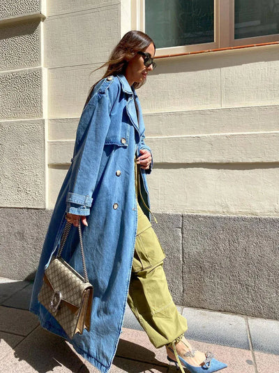 Langer Trenchcoat für Damen mit Gürtel | Blau