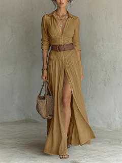 Velina - fließendes, plissiertes Maxikleid in Braun