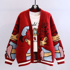 Geknöpfte Strickjacke mit Cartoon-Entendesign für Frauen in Rot