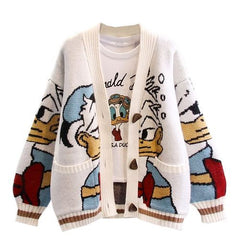 Geknöpfte Strickjacke mit Cartoon-Entendesign für Frauen in Weiß