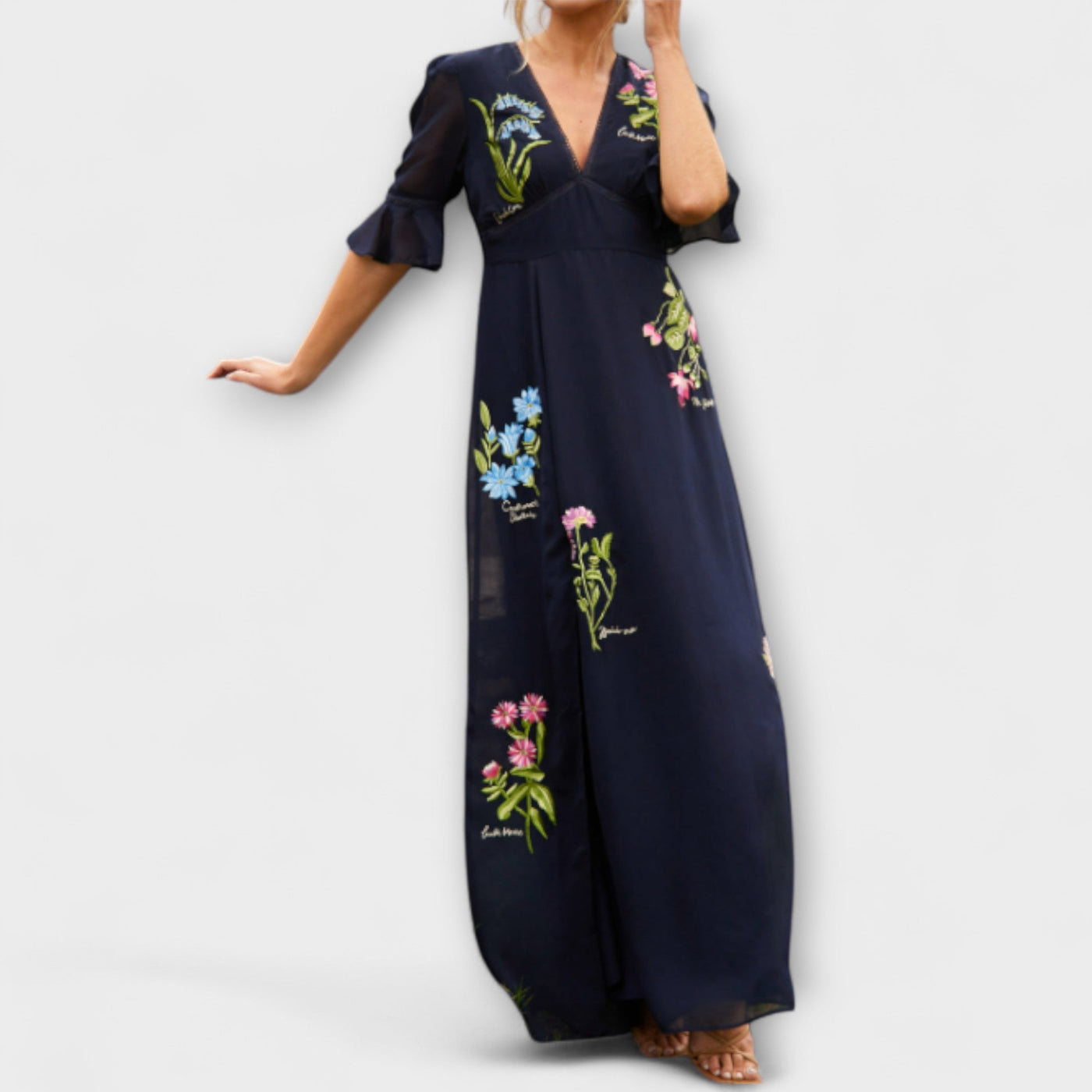 Beatrice - Elegantes Kleid in Marineblau mit floralen Stickereien