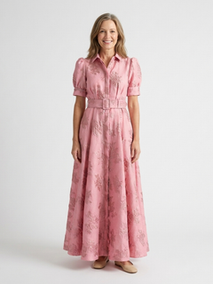 Xanthea | Kurzärmliges, tailliertes, floral strukturiertes Maxikleid in Pink