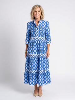 Ysolde | Midi-Kleid mit drei Viertelärmeln und Kettenmuster in Blau