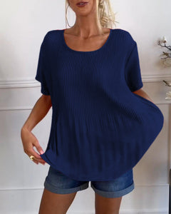 Ally - Einfarbige plissierte bluse mit rundhalsausschnitt in Blau