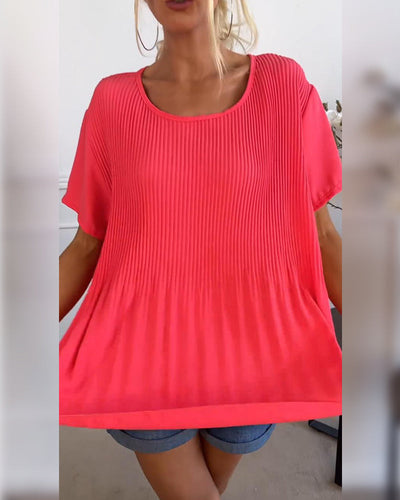 Ally - Einfarbige plissierte bluse mit rundhalsausschnitt