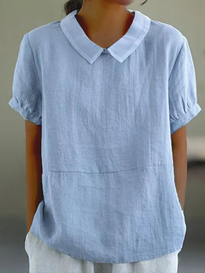 Kurzarm-Leinenbluse mit Kragen für Damen