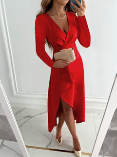 Damen Elegantes Taillierter V-Ausschnitt Midikleid in Rot