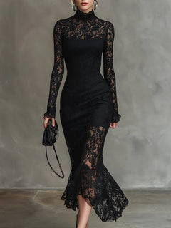 Veronika | Schwarzes Spitzen-Maxikleid in Schwarz