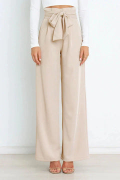 Damen Hochtaillierte Weitbein-Hose mit Schleifengürtel in Beige