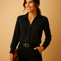 Damen Elegantes V-Ausschnitt Langarm Bluse in Schwarz