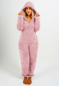 Eleganter Damen-Fleece-Overall mit Kapuze in Rosa