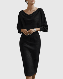 Elegantes drapiertes Midikleid mit Fledermausärmeln für Frauen in Schwarz