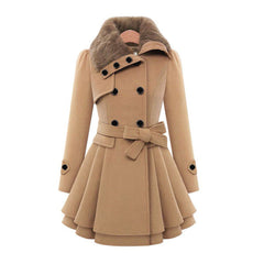 Winterjacke Damen Lang Mit Gürtel und Kapuze | Mit Knöpfen und Seitentaschen in Khaki