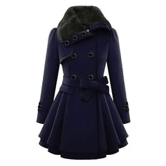 Winterjacke Damen Lang Mit Gürtel und Kapuze | Mit Knöpfen und Seitentaschen in Blau