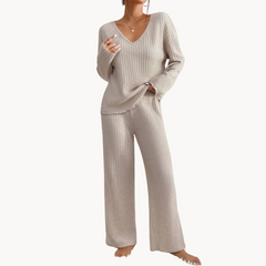 Finja – Geripptes Damen Zweiteiliges Set Stilvoll Und Modern in Beige