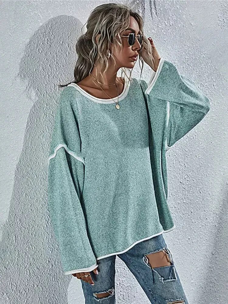 Strickpullover mit übergroßem Rundhalsausschnitt und Kontrastbesatz