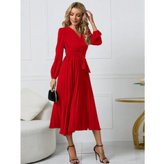 Fritzi - Damen Faltenrock Gürtel Taille V-Ausschnitt Kleid in Rot