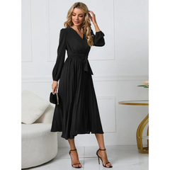 Fritzi - Damen Faltenrock Gürtel Taille V-Ausschnitt Kleid in Schwarz