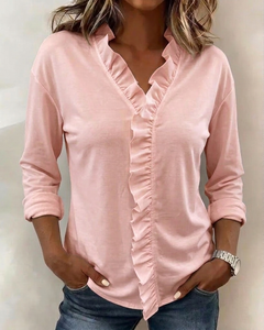 Maeryn - Premium Rüschen-Shirt mit V-Ausschnitt in Pink