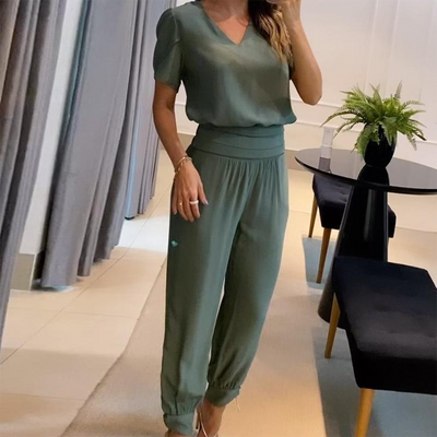 Kurzarm V-Ausschnitt Jumpsuit für Damen
