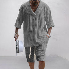 V-Ausschnitt Strick Shirt und Shorts Set für Herren in Grau