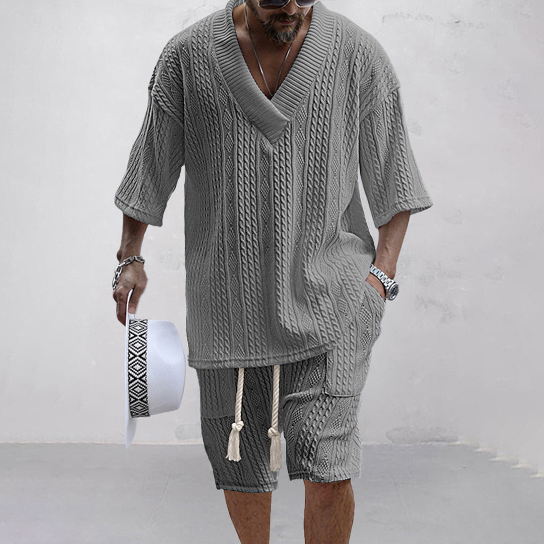 V-Ausschnitt Strick Shirt und Shorts Set für Herren