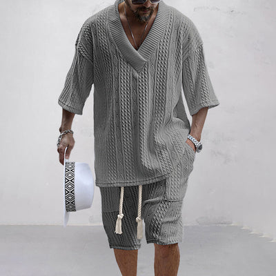 V-Ausschnitt Strick Shirt und Shorts Set für Herren
