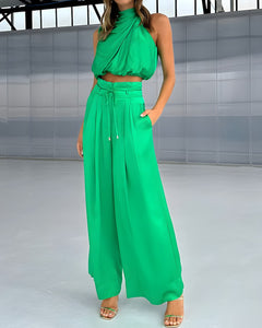 Neckholder-Top und Hosen-Set für Damen in Grün