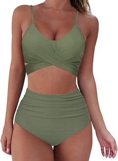 Bella | Hochtaillierter, farbenfroher Damen-Bikini in Grün