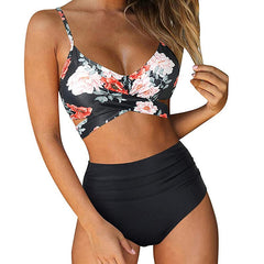 Bella | Hochtaillierter, farbenfroher Damen-Bikini in Geblümtes Oberteil - schwarzer Slip
