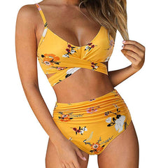 Bella | Hochtaillierter, farbenfroher Damen-Bikini in Gelb - geblümt