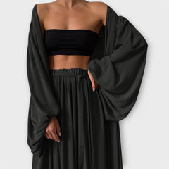 Lumara – Dreiteiliges Loungewear-Set mit Kimono in Schwarz