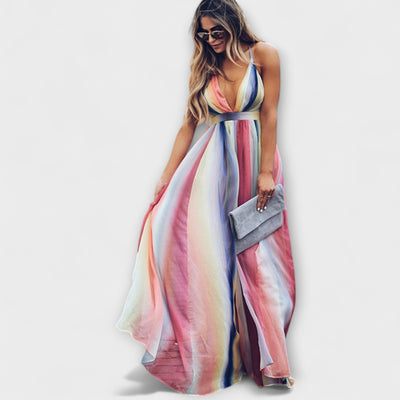 V-Neck Multicolored Striped Dress for Women
