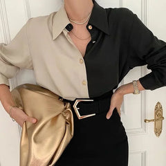 Angelika | Damen Zweifarbige Bluse | Langarm in Beige / Schwarz