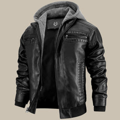 Premium hochwertige Lederjacke mit Kapuze für Herren in Schwarz