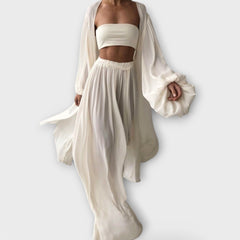 Lumara – Dreiteiliges Loungewear-Set mit Kimono in Weiß