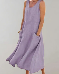 Jolie – Ärmelloses Midikleid aus Baumwollleinen in Lila