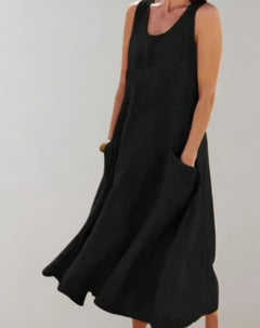 Jolie – Ärmelloses Midikleid aus Baumwollleinen in Schwarz