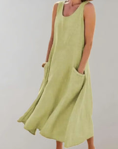 Jolie – Ärmelloses Midikleid aus Baumwollleinen in Grün