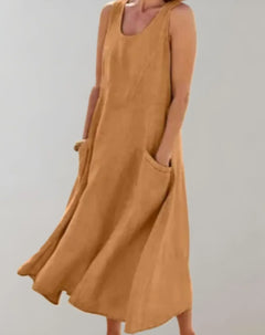 Jolie – Ärmelloses Midikleid aus Baumwollleinen in Braun