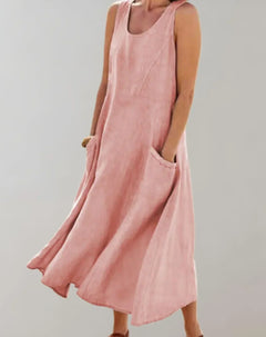 Jolie – Ärmelloses Midikleid aus Baumwollleinen in Rosa