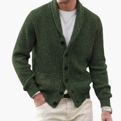 Herren Strickjacke mit Schalkragen und Knopfleiste in Olivgrün