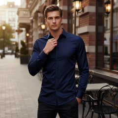 Herren Hemd Stretchhemd Langarm mit Knopfverschluss in Marineblau