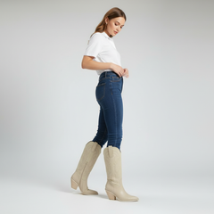 Greta | Damen Klassiker Kniehohe Cowboystiefel in Beige