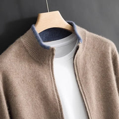 Reißverschluss Strickjacke Für Herren | Minimalistischer Stil Mit Stehkragen in Khaki