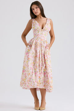 Elodie | Drapiert Hochzeitsgastkleid in Rosa Blumenmuster