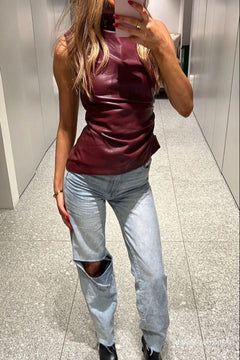 CARA™ | Ledertop in Burgundisch rot