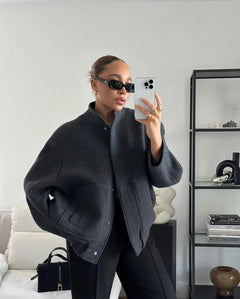 Übergroße Tweed Bomberjacke in Dunkelgrau