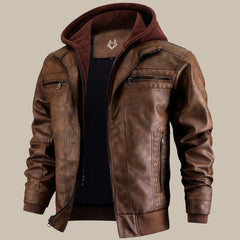 Premium hochwertige Lederjacke mit Kapuze für Herren in Braun